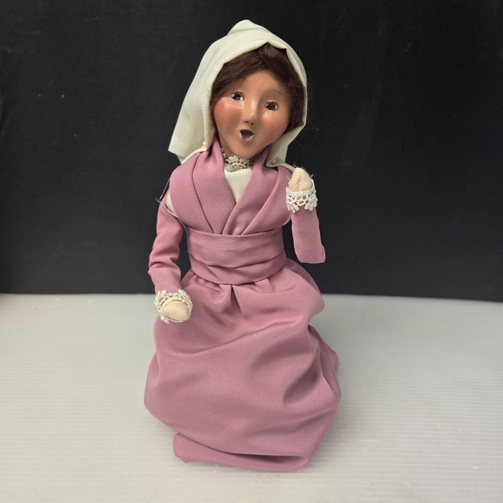 Vintage Handcrafted Caroler Woman Figurine Pink Dress Bonnet Nativity Figure 9"